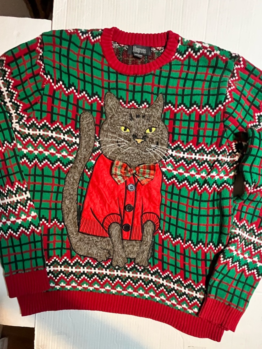 33Degrees Kitty Cat Ugly Christmas Holiday Sweater bow tie L red green pet
